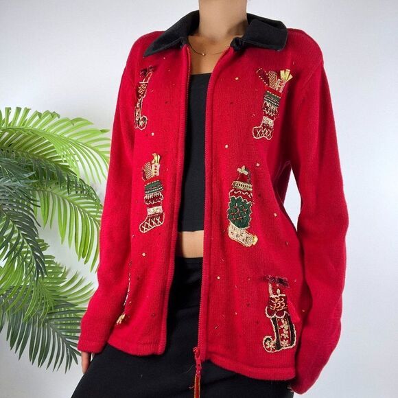 Vintage 90s Red Holiday Grandma Ugly Christmas Sweater Oversized Jacket / Small - Picture 6 of 7